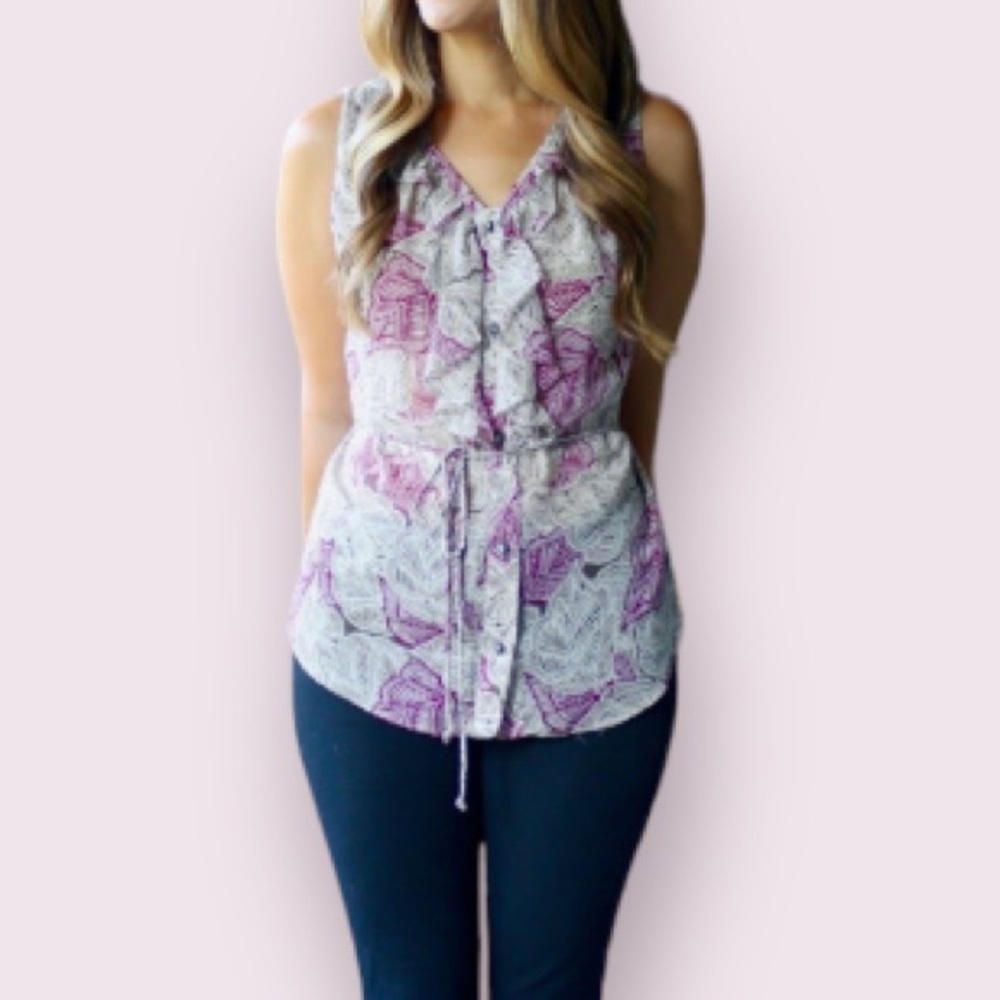 Banana Republic Tropical Sleeveless Top with Ruffled Neck